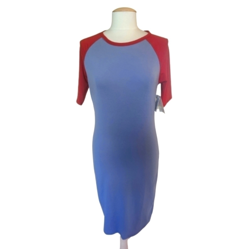 NWT LulaRoe Julia Baseball Sleeve Blue and Red Midi Dress